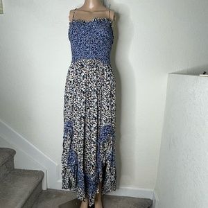 Free People One I Love Smocked Strappy Back Maxi Dress Size L Ruffle Multicolor